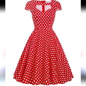 Nwot Belle Pogue Red /White Polka Dot Retro Cap Sleeve Bodice Cutout Dress